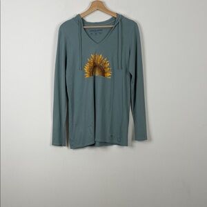 Life Is Good Teal Hoodie with Yellow Sunflower Graphic
